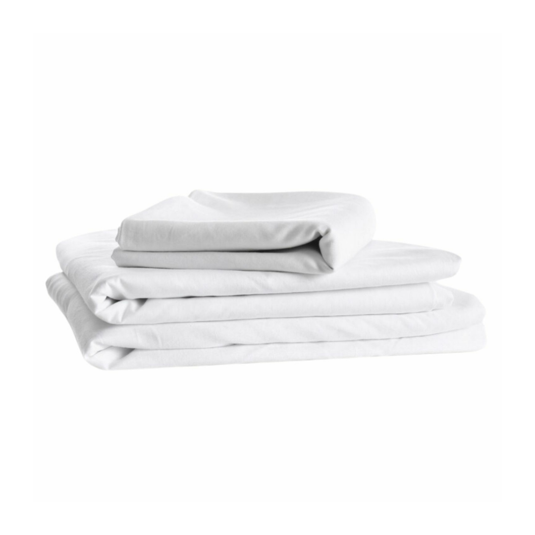 A set of iCare Medical Mattress Bed Sheets, neatly folded and stacked against a white background.